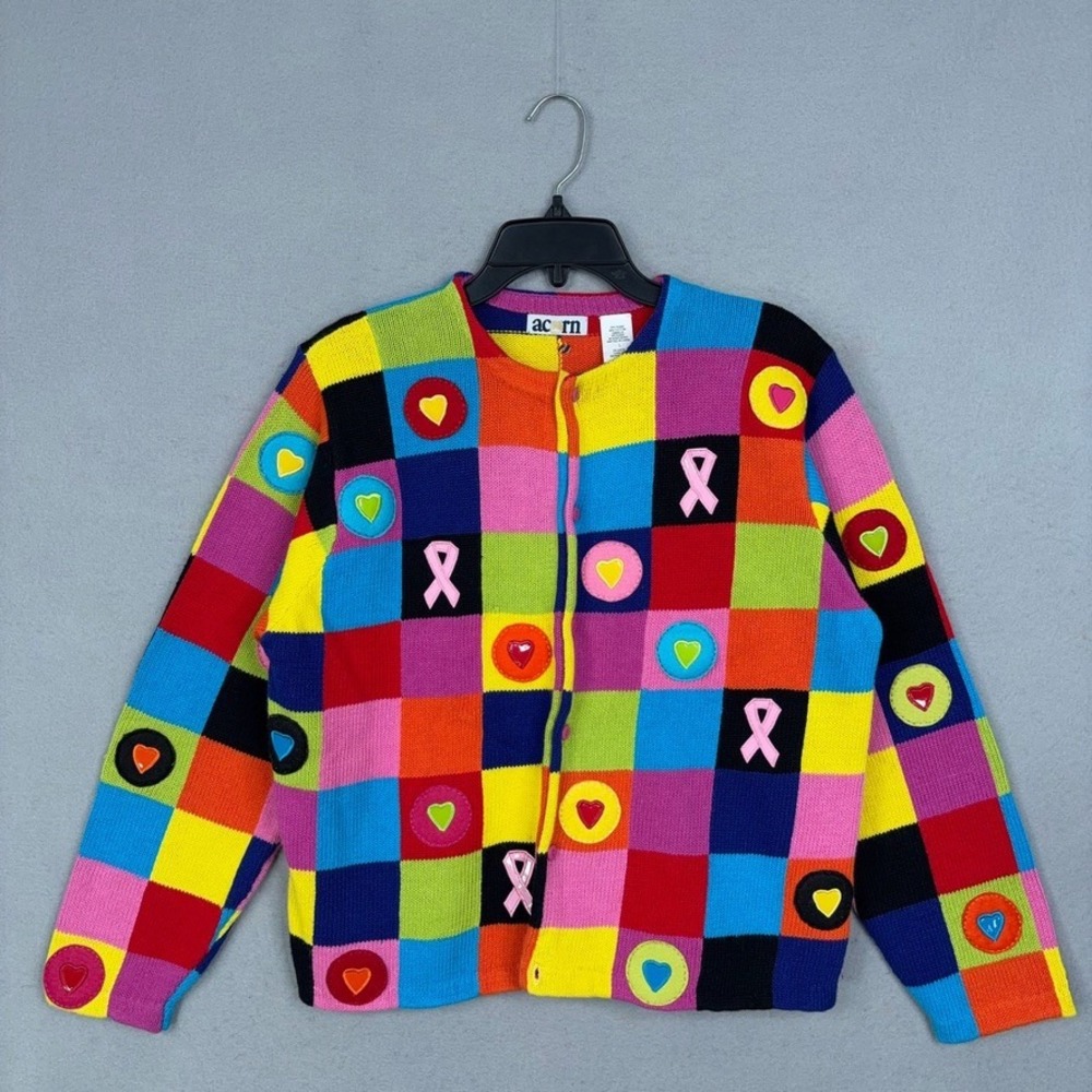 Vintage Breast Cancer Awareness Cardigan Womens Large Heart Pink Ribbon Art Knit
